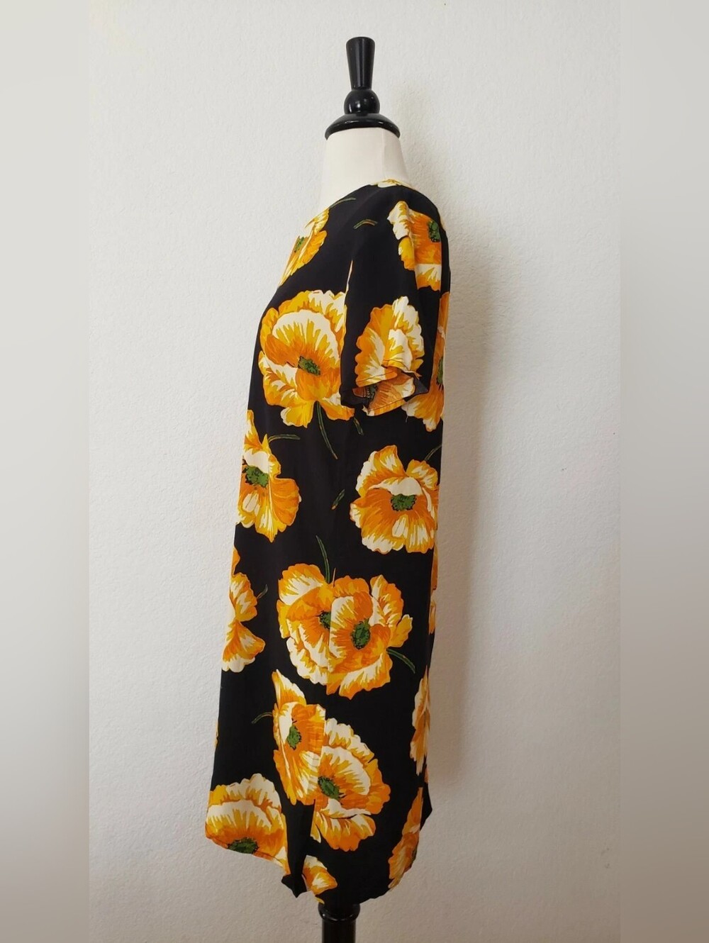 Black Floral Short-Sleeve Dress with Orange Poppy Print - Picture 3 of 4